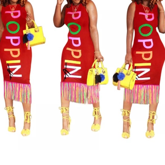 New Red Poppin Fringe Dress - Picture 1 of 8